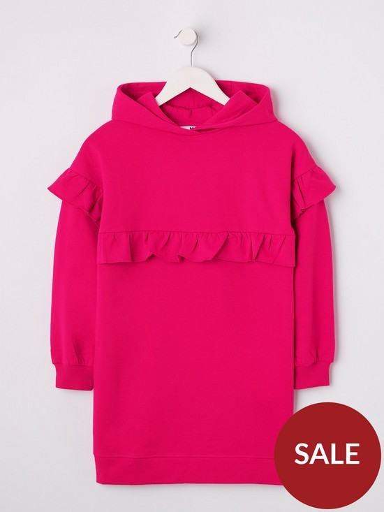 front image of everyday-girls-frill-hoodie-essentials-sweat-dress-pink