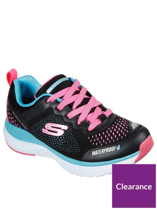 front image of skechers-girls-ultra-groove-miss-hydro-lace-up-waterproof-mesh-trainer
