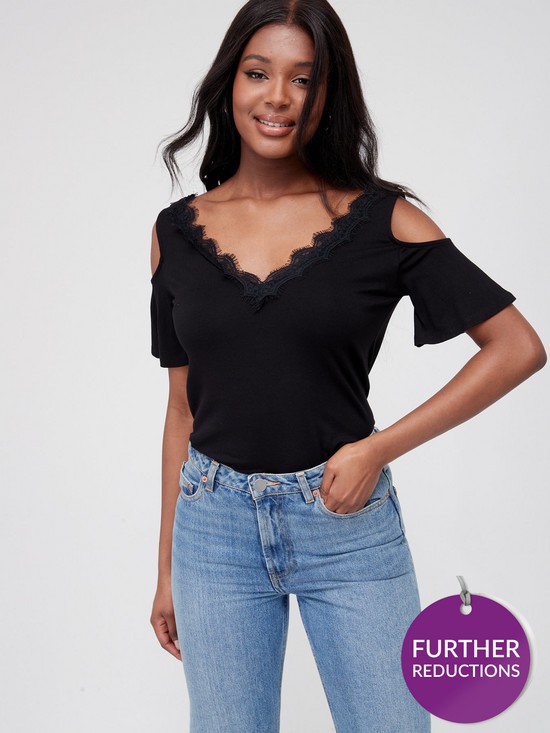 front image of v-by-very-lace-trim-angel-sleeve-cold-shoulder-top-blacknbsp