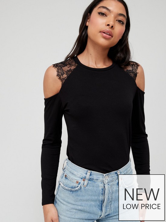 front image of v-by-very-lace-trim-long-sleeve-cold-shoulder-top-black