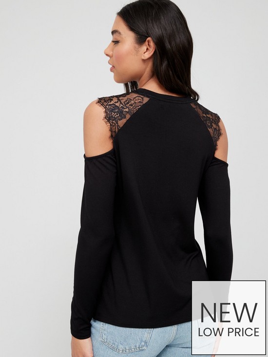 stillFront image of v-by-very-lace-trim-long-sleeve-cold-shoulder-top-black