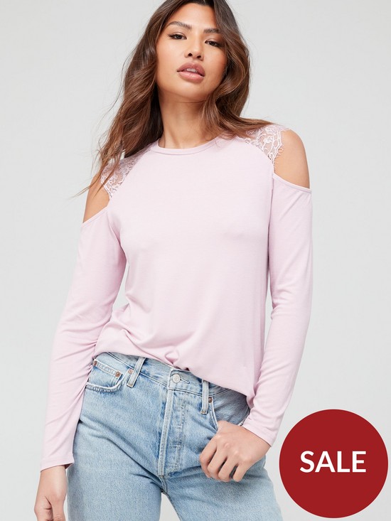 front image of v-by-very-lace-trim-long-sleeve-cold-shoulder-top-pinknbsp