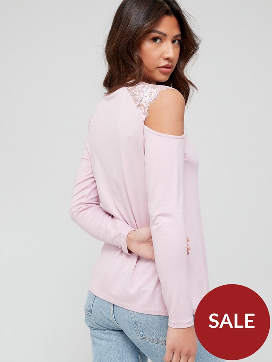 stillFront image of v-by-very-lace-trim-long-sleeve-cold-shoulder-top-pinknbsp