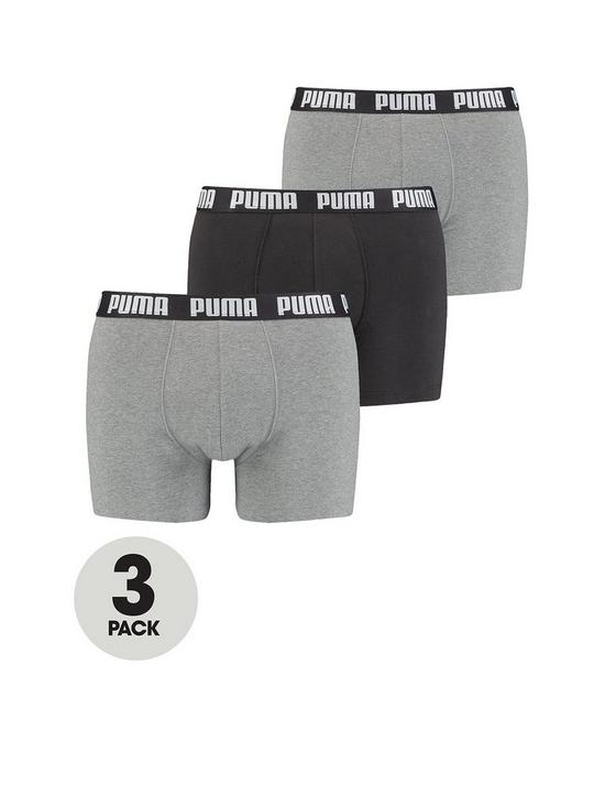front image of puma-3-pack-everyday-boxers-greyblack