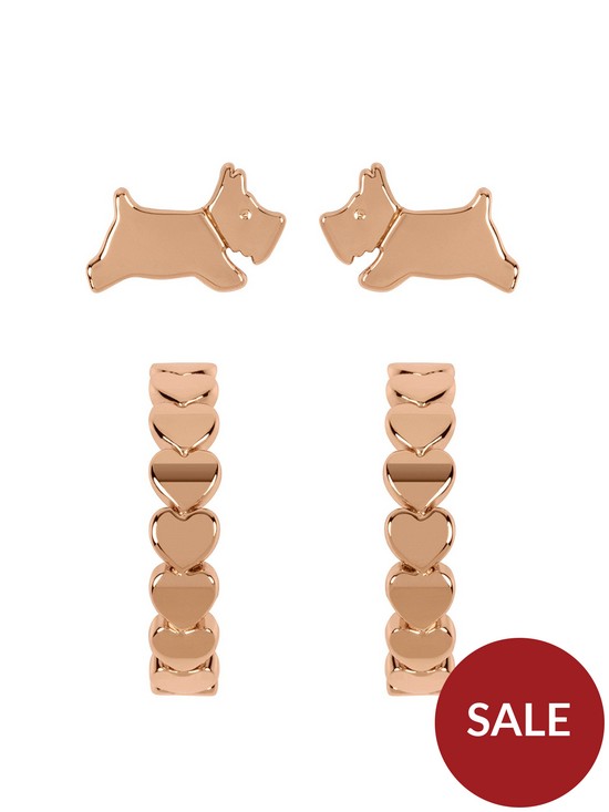 front image of radley-ladies-18ct-rose-gold-plated-heart-huggie-leaping-dog-twin-pack-earrings