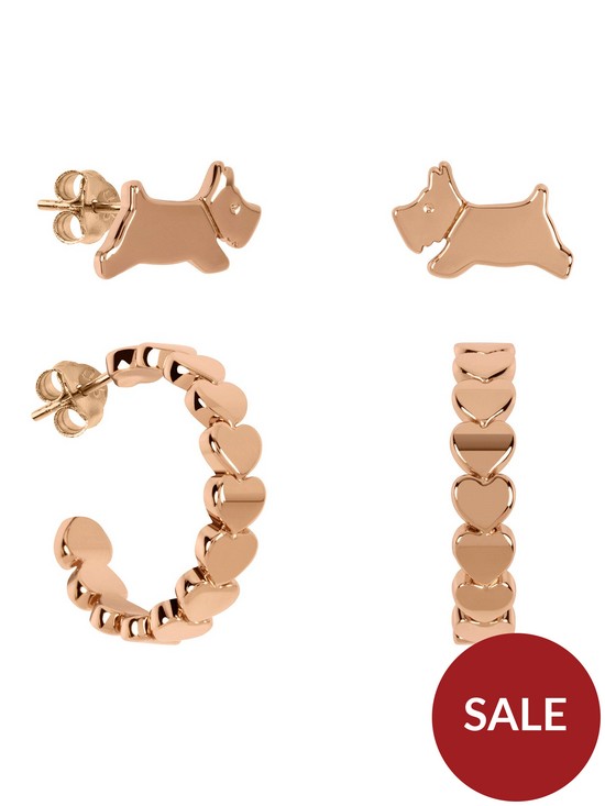 stillFront image of radley-ladies-18ct-rose-gold-plated-heart-huggie-leaping-dog-twin-pack-earrings