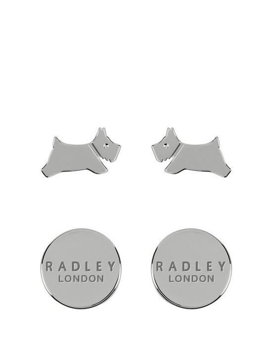 front image of radley-london-ladies-silver-leaping-dog-twin-pack-stud-earrings