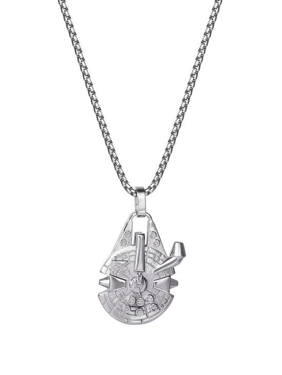 front image of disney-star-wars-stainless-steel-millennium-falcon-pendant-with-box-chain
