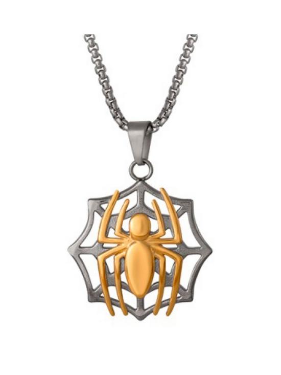 front image of disney-marvel-spiderman-stainless-steel-and-gold-coloured-pendant-and-box-chain