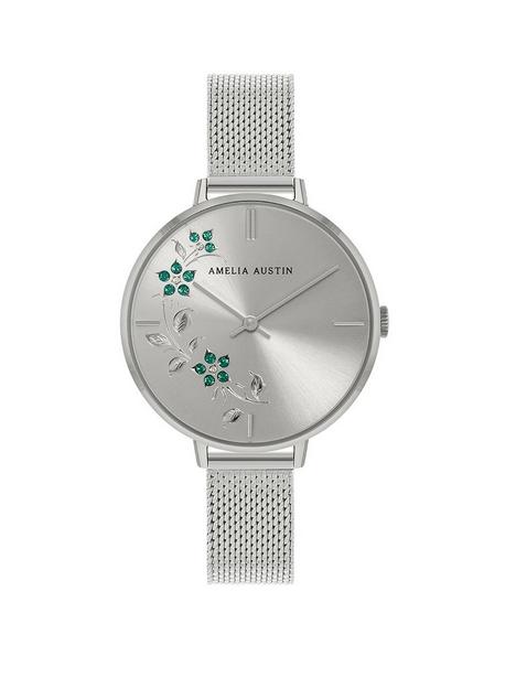 amelia-austin-floral-ladies-silver-stainless-steel-mesh-green-stone-set-etched-dial-watch
