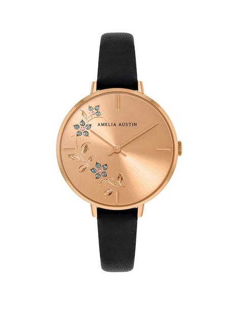 amelia-austin-floral-ladies-black-leather-strap-clear-stone-set-etched-dial-watch