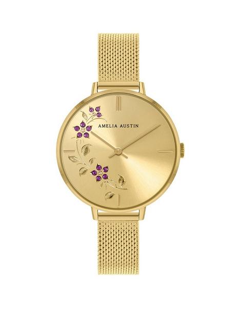 amelia-austin-floral-ladies-pale-gold-stainless-steel-mesh-purple-stone-set-etched-dial-watch