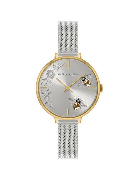 amelia-austin-bumble-bee-ladies-silver-stainless-steel-mesh-yellow-stone-set-etched-dial-watch