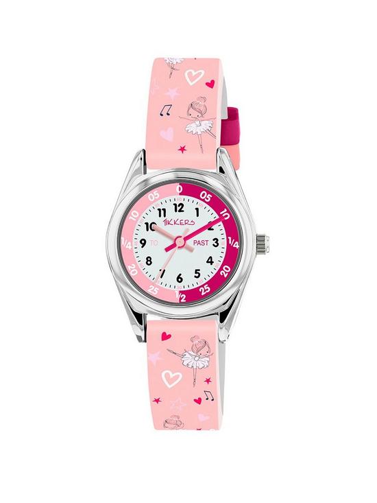 front image of tikkers-pink-strap-silver-time-teacher-ballet-dancer-watch