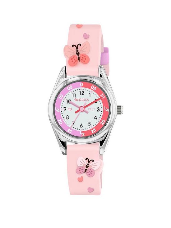 front image of tikkers-pink-silicone-3d-butterfly-strap-silver-time-teacher-watch