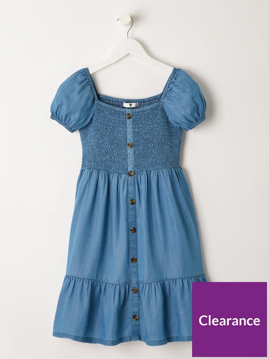 front image of v-by-very-girls-denim-shirred-dress-blue