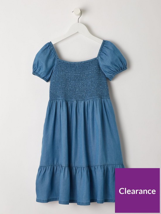 back image of v-by-very-girls-denim-shirred-dress-blue