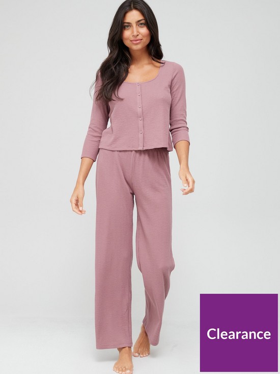 front image of v-by-very-scoop-neck-button-up-wide-leg-trouser-pyjamas-mauve