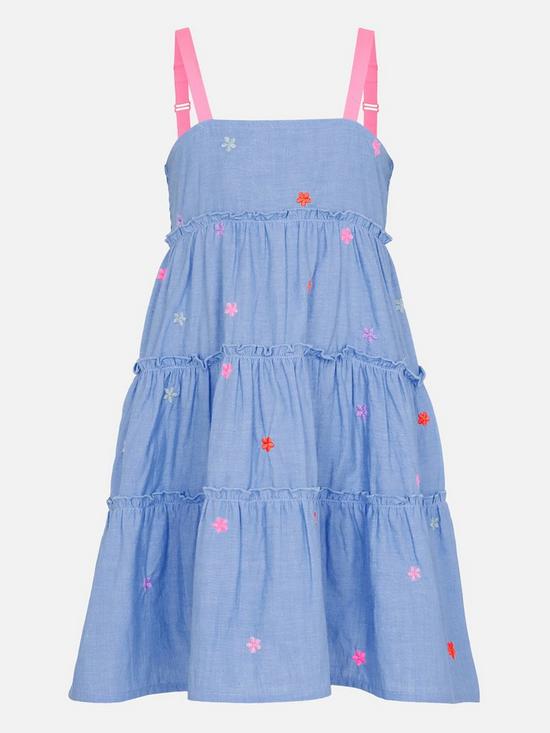 front image of accessorize-girls-chambray-flower-embroidered-dress-blue