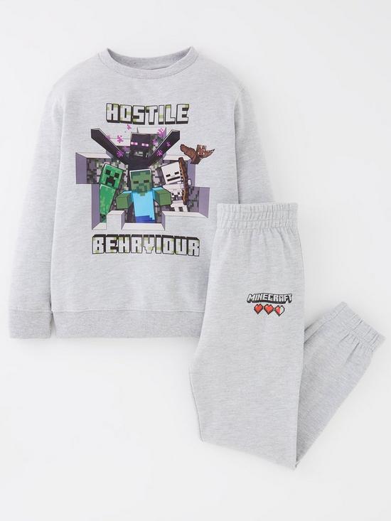 front image of minecraft-two-piece-back-print-sweat-tracksuit-grey-marl