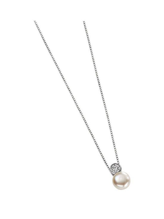 front image of the-love-silver-collection-rhodium-plated-pearl-cubic-zirconia-drop-pendant