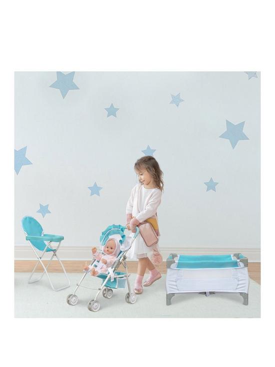 front image of teamson-kids-olivias-little-world-3pcs-doll-nursery-set-highchair-pushchair-cot-blue-and-white