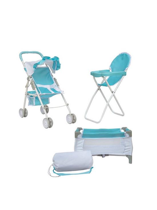stillFront image of teamson-kids-olivias-little-world-3pcs-doll-nursery-set-highchair-pushchair-cot-blue-and-white