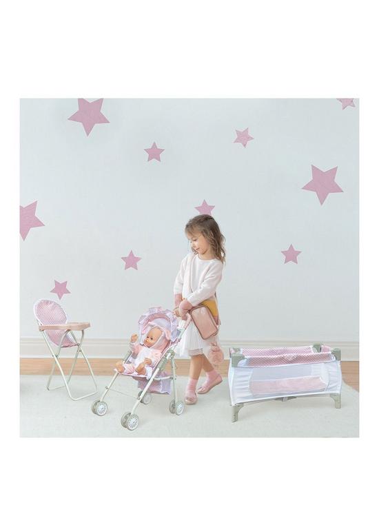 front image of teamson-kids-olivias-little-world-3pcs-doll-nursery-set-highchair-pushchair-cot-pink-and-grey