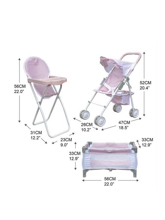 stillFront image of teamson-kids-olivias-little-world-3pcs-doll-nursery-set-highchair-pushchair-cot-pink-and-grey