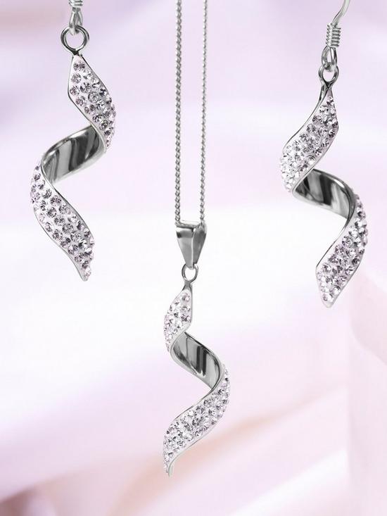 back image of evoke-sterling-silver-crystal-pendant-and-hook-earrings-set-with-18-inch-curb-chain