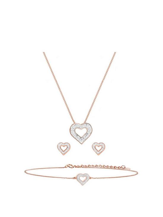 front image of evoke-sterling-silver-rose-gold-plated-crystal-heart-pendant-earrings-bracelet-set