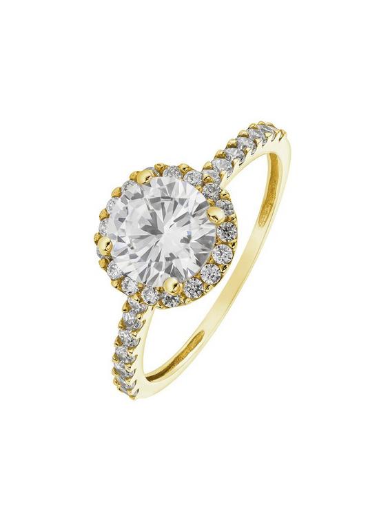 front image of love-gold-9ct-yellow-gold-7mm-cubic-zirconia-halo-cluster-shoulder-ring