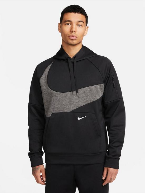 front image of nike-trainnbsptherma-swoosh-pullover-hoodie-plus-size-blackgrey