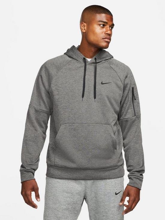 front image of nike-train-therma-pullover-hoodie-greyblack
