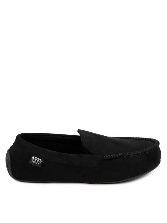 front image of totes-machine-stitched-suedette-moccasin-with-pillowstep-slipper-black