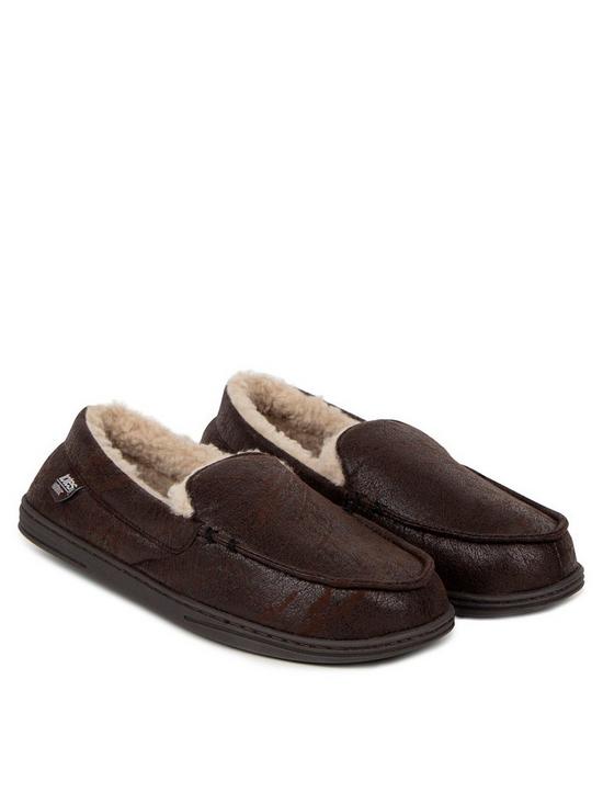front image of totes-distressed-moccasin-slippers-with-check-sock-interior-chocolate