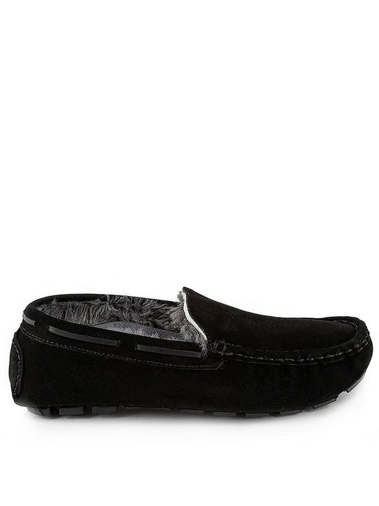front image of totes-mens-real-suede-moccasin-slippers-black