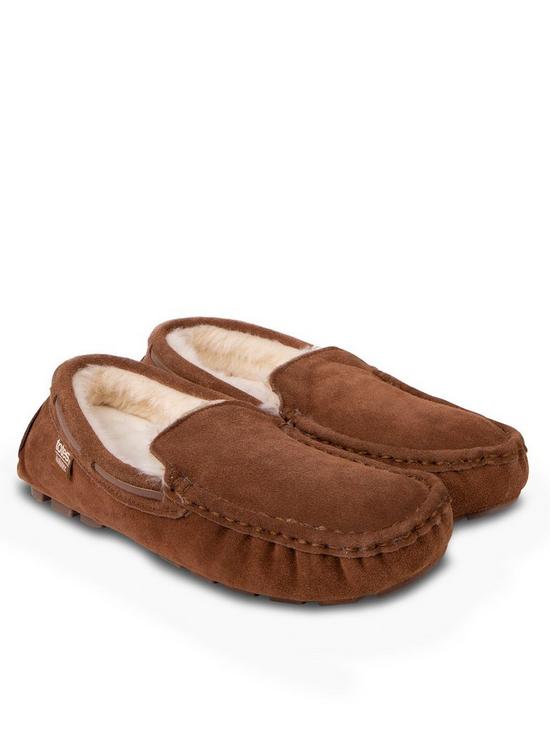 front image of totes-real-suede-moccasin-slippersnbsp--tan