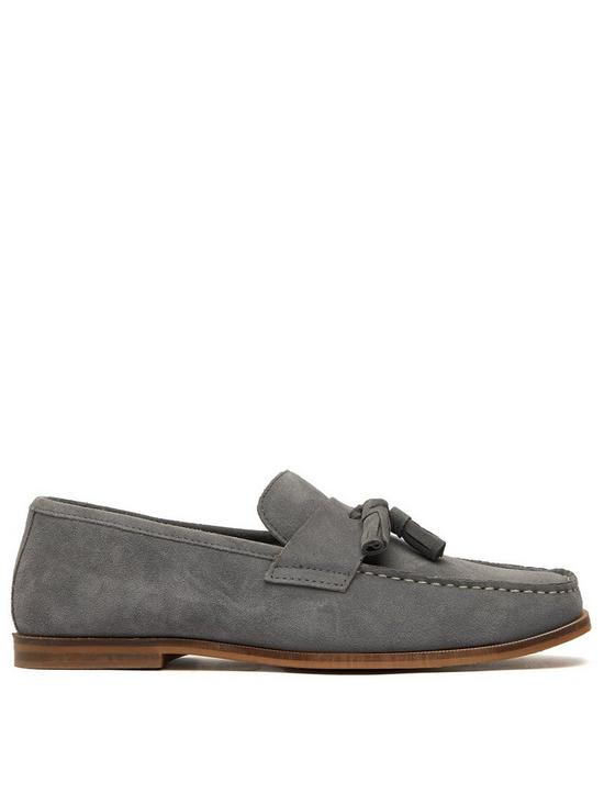 front image of schuh-rich-suede-square-toe-loafer-grey