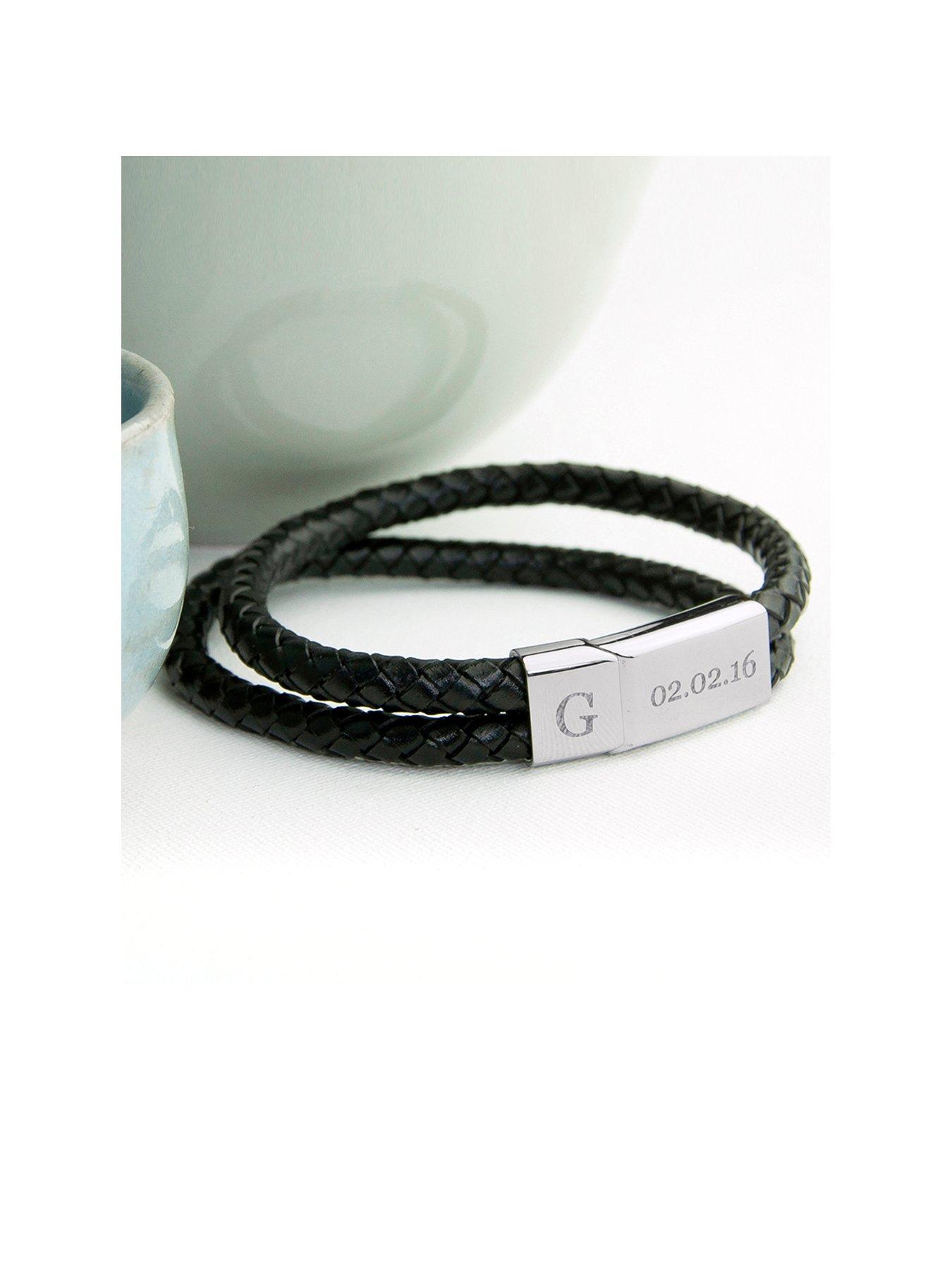 undefined Personalised Men's Dual Leather Woven Bracelet In Black