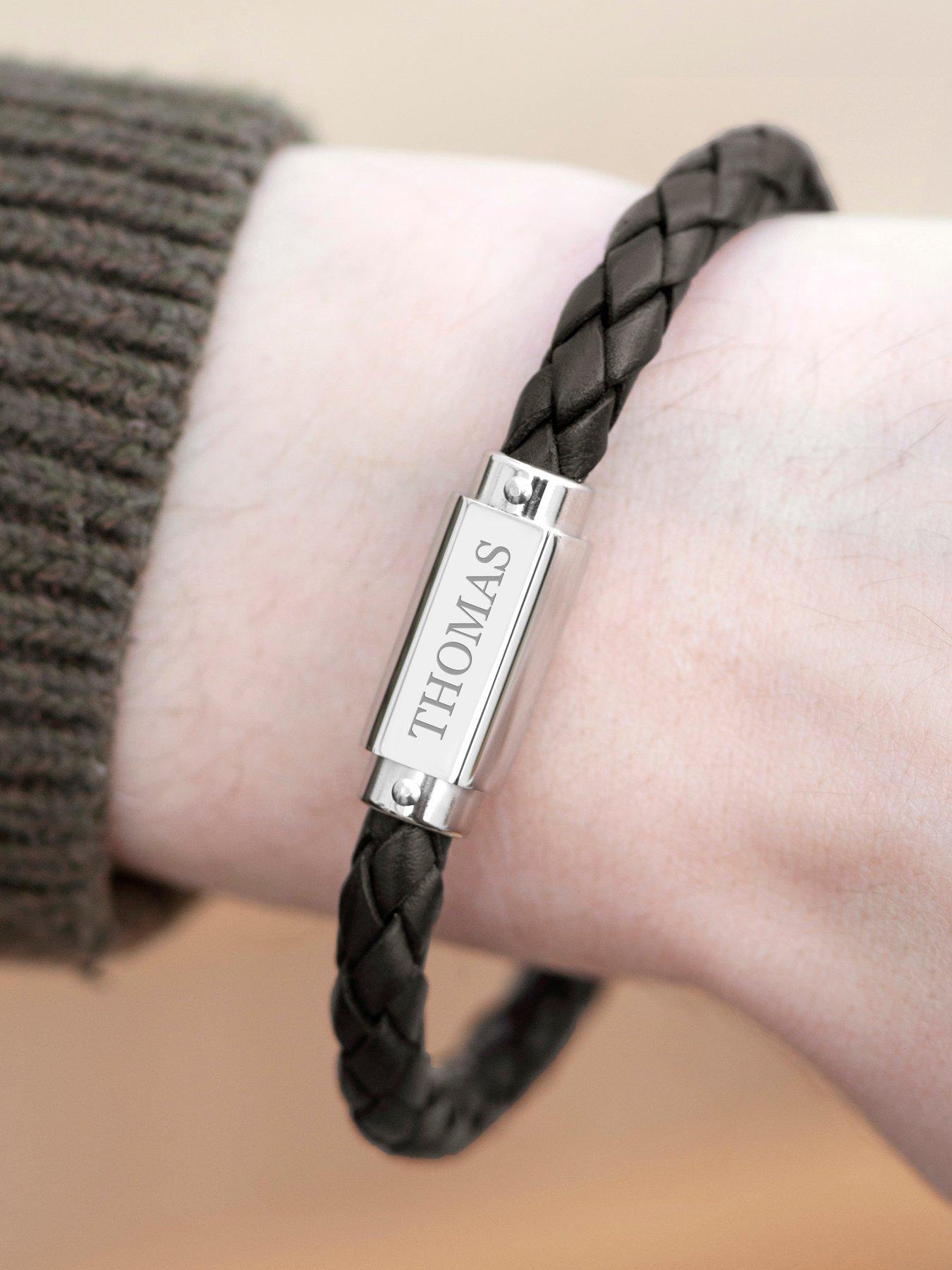 Mens black deals leather personalised bracelet