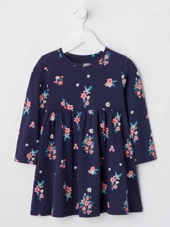 front image of everyday-girls-floral-long-sleeve-dress-navy