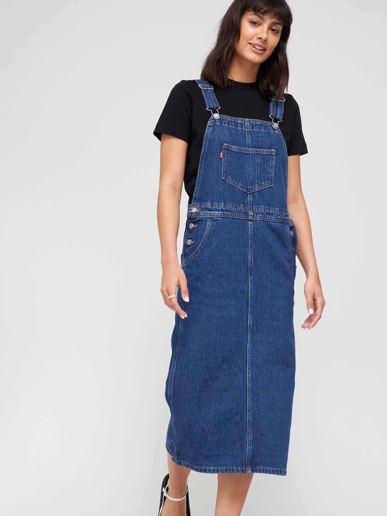 midi denim pinafore dress