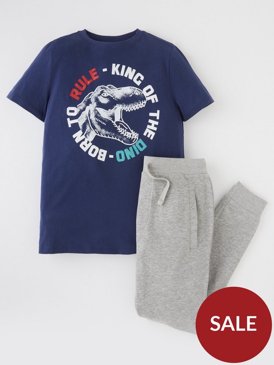 front image of everyday-boys-dino-t-shirt-and-jogger-navygrey