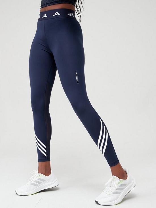 front image of adidas-tech-fit-3-stripes-78-leggings-navy