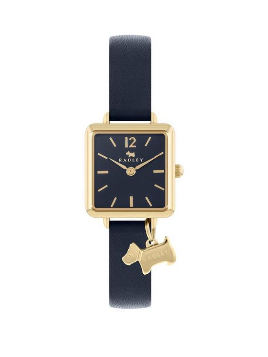 front image of radley-ladies-square-pale-gold-plated-ink-leather-strap-watch-ry21370