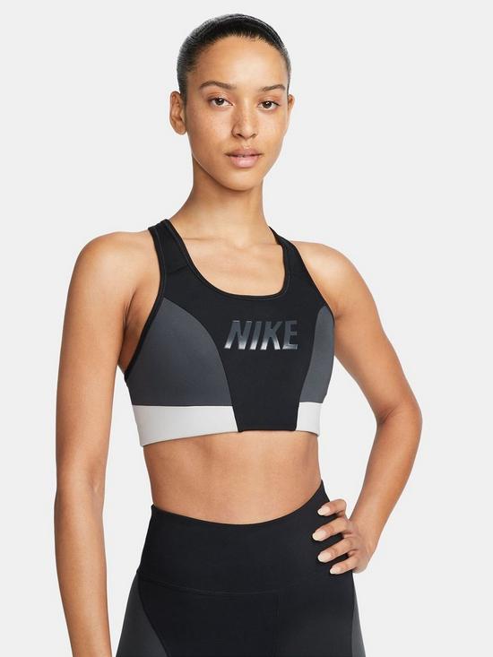front image of nike-light-support-swoosh-bra-black