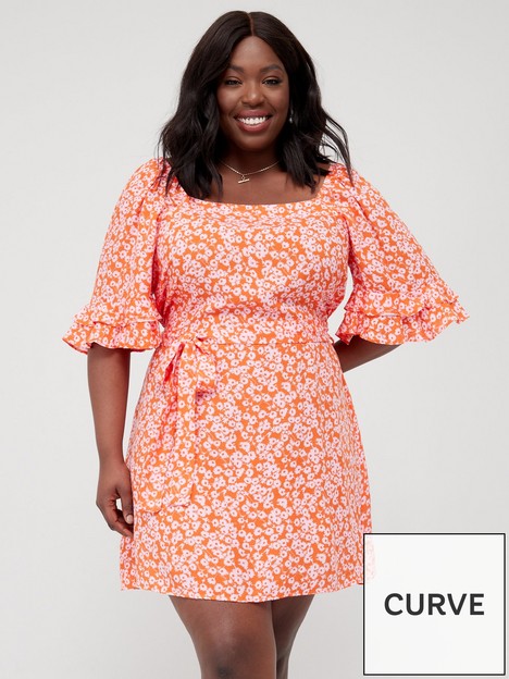 v-by-very-curve-square-neck-ditsy-floral-34-sleeve-mini-dress-orangenbsp