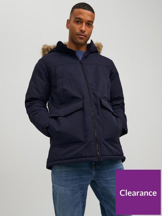 front image of jack-jones-jack-amp-jones-craft-faux-fur-hooded-parka-jacket-navy-blazer