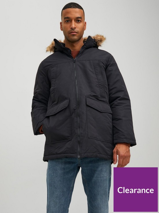 front image of jack-jones-craft-faux-fur-hooded-parka-jacket-black